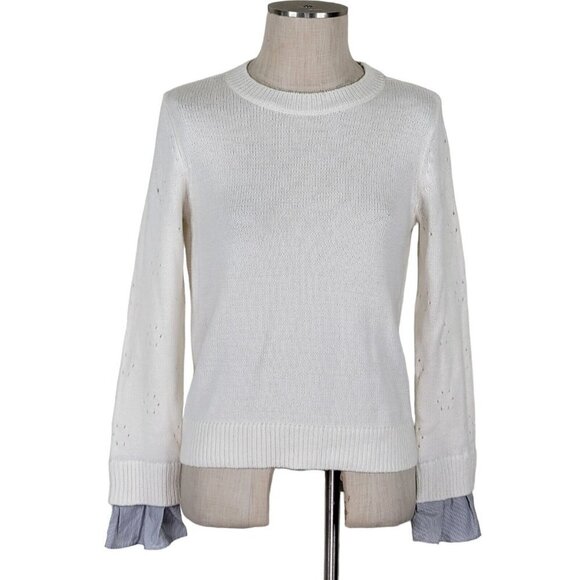 Loft Crew Neck Sweater Size S Pullover Contrast Striped Cuff Lightweight White - Picture 10 of 10